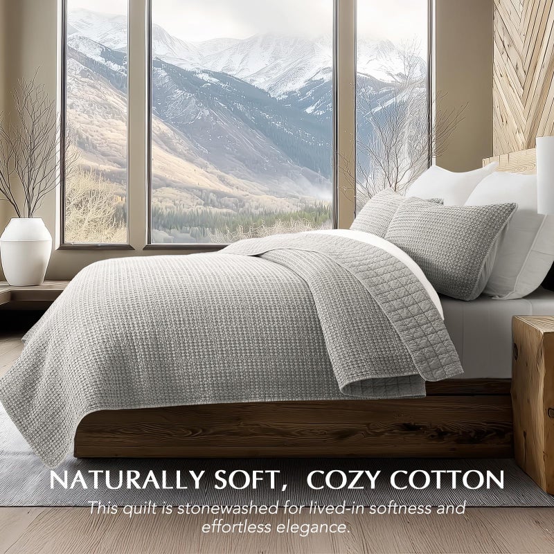 EVERGRACE Stonewashed 100% Natural Cotton Waffle Quilt Set King Size 3 Pieces, Durable, Textured & Substantial Bedding, Quilted Coverlet Bedspread with 2 Shams for All Seasons, Misty Gray - Image 5