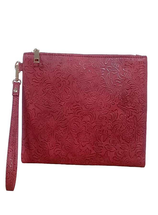 NIGEDU Elegant Floral Embossed Wristlet Clutch Purse Bag PU Leather Medium Size Female Clutches with Wrist Strap (Burgundy) - Image 1