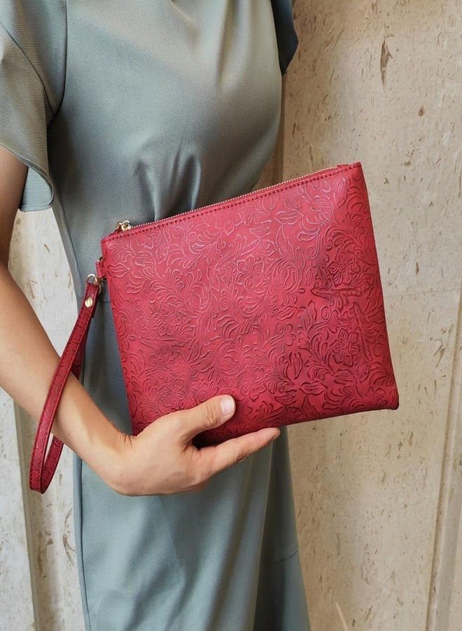 NIGEDU Elegant Floral Embossed Wristlet Clutch Purse Bag PU Leather Medium Size Female Clutches with Wrist Strap (Burgundy) - Image 2