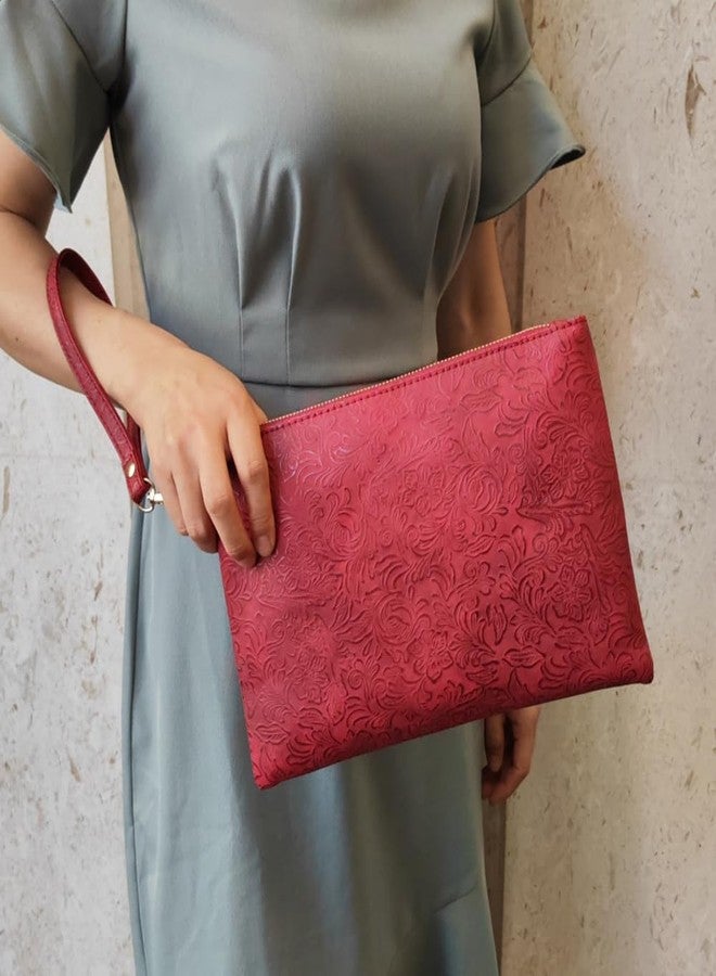 NIGEDU Elegant Floral Embossed Wristlet Clutch Purse Bag PU Leather Medium Size Female Clutches with Wrist Strap (Burgundy) - Image 3