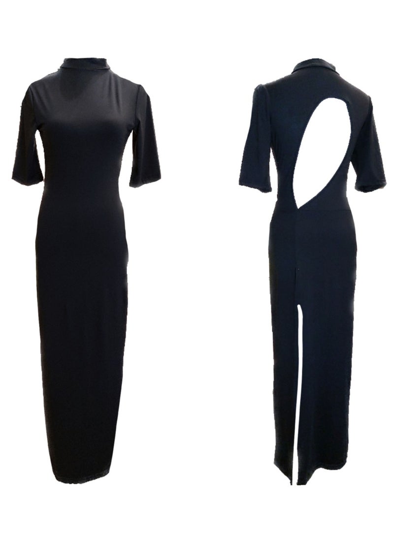 Women lycra jersey high neck maxi dress with back slit open and backless half sleeves  - Image 1