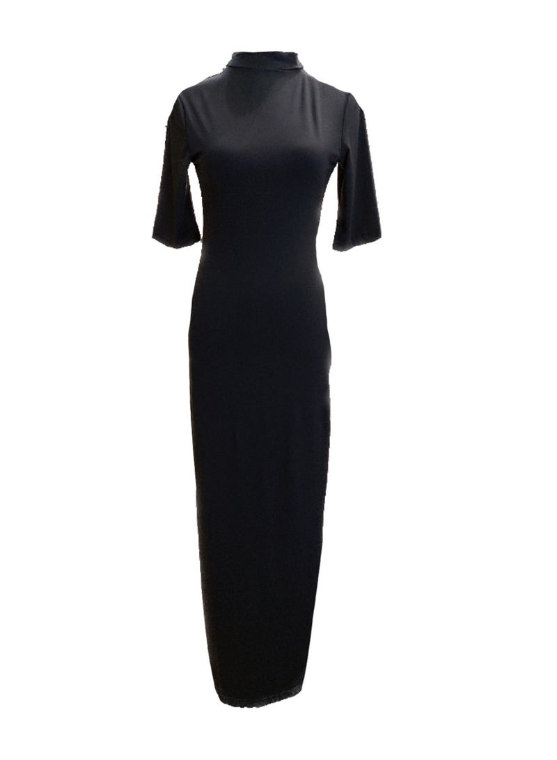 Women lycra jersey high neck maxi dress with back slit open and backless half sleeves  - Image 2