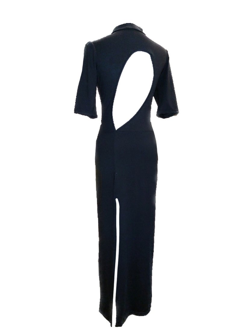 Women lycra jersey high neck maxi dress with back slit open and backless half sleeves  - Image 3