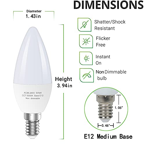 GOSCHE 6-Pack E12 LED Ceiling Fan Light Bulbs, 60 Watts Equivalent Candelabra LED Light Bulbs, Type B Light Bulb for Chandelier, Candle Lightbulbs, Non-Dimmable, 5000K Daylight, 6 Pcs - Image 4