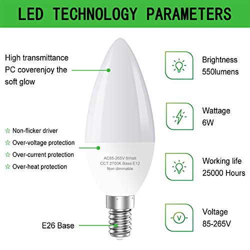 GOSCHE 6-Pack E12 LED Ceiling Fan Light Bulbs, 60 Watts Equivalent Candelabra LED Light Bulbs, Type B Light Bulb for Chandelier, Candle Lightbulbs, Non-Dimmable, 5000K Daylight, 6 Pcs - Image 5