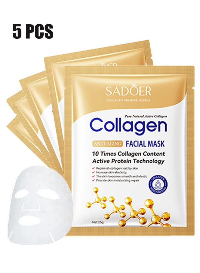 SADOER 5 PCS Collagen Anti-Aging Facial Mask 25g, Wrinkle Hydrating Face Sheet Mask Skincare, Firming Anti Aging Face Sheet Masksfor Men & Women, Brightening Facial Mask for All Skin Types - Image 1
