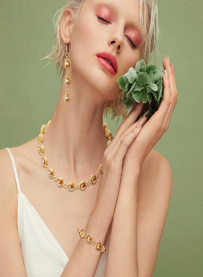 Bocar Classical Vintage Crystal Choker Necklace Earrings Bracelet Sparkly Colorful Resin Collar Necklaces Alloy Gold Chain Jewelry Set for Women Party Prom Wedding (NK-10752-Champagne) - Image 2