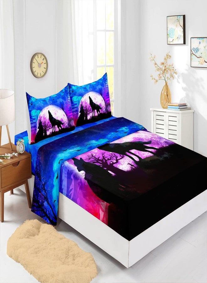 XYNHML Bed Linen Set, Queen 4Pcs Bed Sheet Set with Wolf Galaxy Night Moon Print, Down Lunar Eclipse Bedding for Kids Teens Room Decor - Image 3