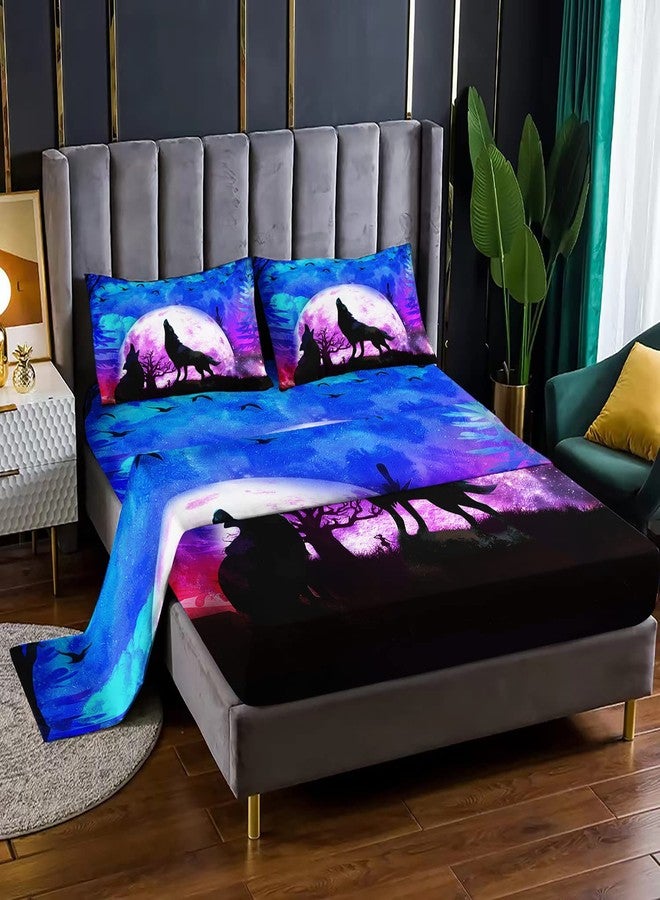 XYNHML Bed Linen Set, Queen 4Pcs Bed Sheet Set with Wolf Galaxy Night Moon Print, Down Lunar Eclipse Bedding for Kids Teens Room Decor - Image 1