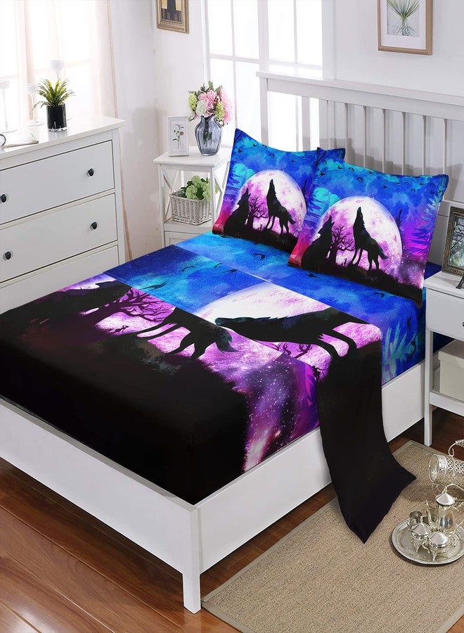 XYNHML Bed Linen Set, Queen 4Pcs Bed Sheet Set with Wolf Galaxy Night Moon Print, Down Lunar Eclipse Bedding for Kids Teens Room Decor - Image 2