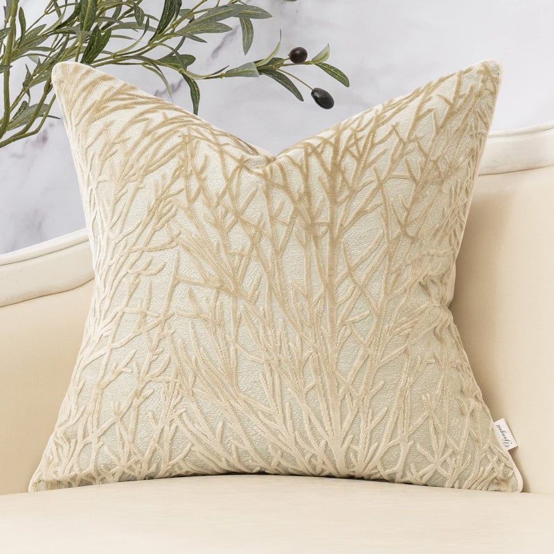 Yangest Beige Twigs Greenish Throw Pillow Cover Branches Velvet Cushion Case Neutral Pillowcase for Sofa Couch Bedroom Living Room Home Decor20x20 Inch