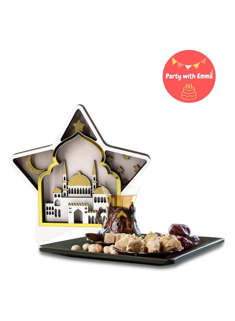 Party with Emma Eid Ramadan Crafts Stand Decoration Ramadan Mubarak Handmade Wooden Star Decor Eid Ornaments Gift for Muslims Islamic Wall Table Decor Ramadan Gift (Gold)  - Image 2
