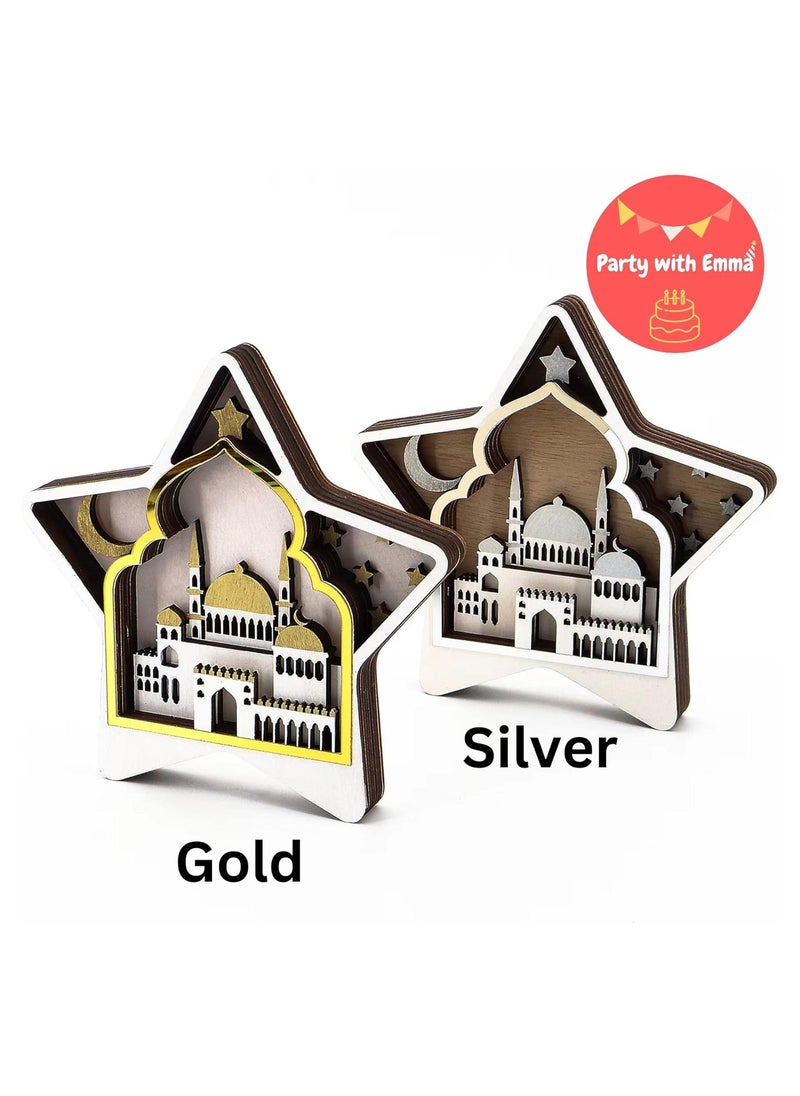 Party with Emma Eid Ramadan Crafts Stand Decoration Ramadan Mubarak Handmade Wooden Star Decor Eid Ornaments Gift for Muslims Islamic Wall Table Decor Ramadan Gift (Gold)  - Image 4