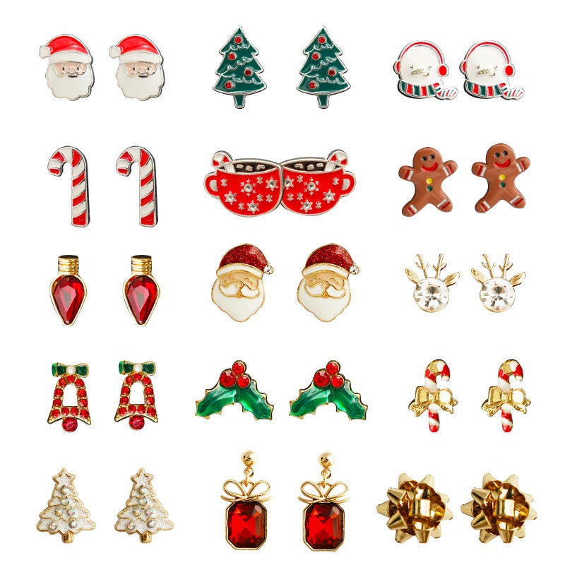 HTH Christmas Stud Earrings Set for Women Cute Christmas Tree Bow Light Bulb Holiday Earrings Xmas Family Gifts (C-15 Pairs) - Image 1
