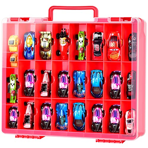 FULLCASE Toys Organizer Storage Compatible with Hot Wheels Car Container for Matchbox Cars Mini Toy Small Dolls Double Sided Carrying Box for Hotwheels  48 Compartments Case Only Red - Image 1