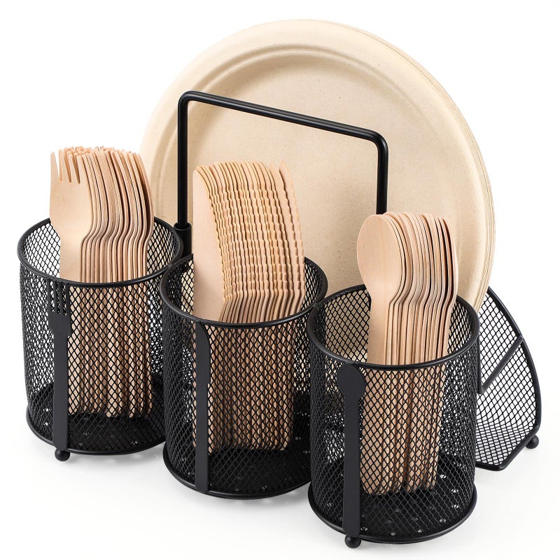 ZZDWLDHA Metal Utensil Caddy Silverware Holder, Paper Plate Holder Cutlery Container,Plate Organizer Flatware Storage Basket Party Camping Picnic Buffet RV BBQ Farmhouse Kitchen Countertop - Image 1