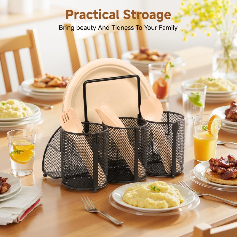 ZZDWLDHA Metal Utensil Caddy Silverware Holder, Paper Plate Holder Cutlery Container,Plate Organizer Flatware Storage Basket Party Camping Picnic Buffet RV BBQ Farmhouse Kitchen Countertop - Image 4