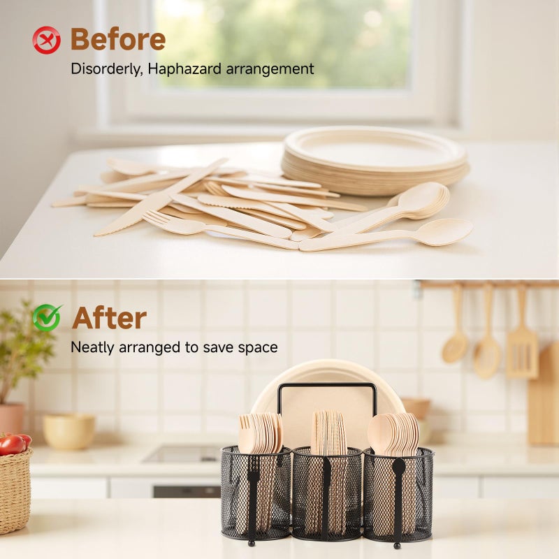 ZZDWLDHA Metal Utensil Caddy Silverware Holder, Paper Plate Holder Cutlery Container,Plate Organizer Flatware Storage Basket Party Camping Picnic Buffet RV BBQ Farmhouse Kitchen Countertop - Image 5