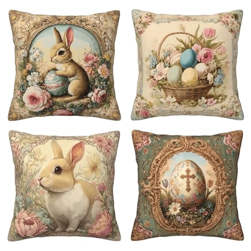 oyebn Easter Bunny Egg Vintage Throw Pillow Covers Set of 4 Decorative Soft Double Sided Print Pillow Case Farmhouse Home Decor for Living Room Sofa Couch 18x18 - Image 1