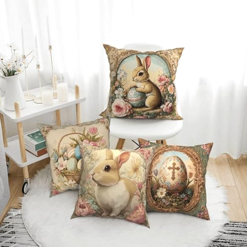 oyebn Easter Bunny Egg Vintage Throw Pillow Covers Set of 4 Decorative Soft Double Sided Print Pillow Case Farmhouse Home Decor for Living Room Sofa Couch 18x18 - Image 3