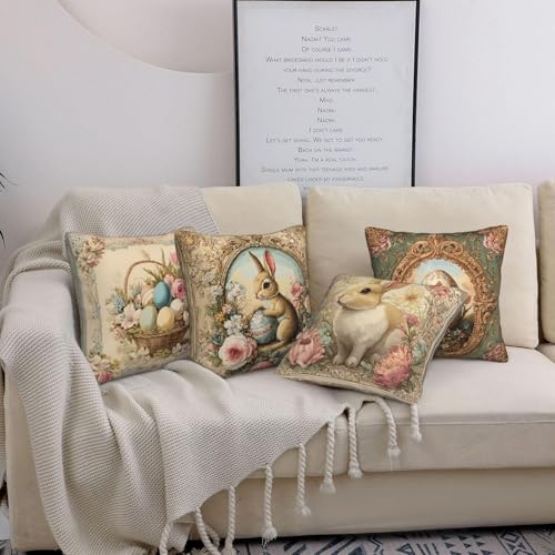 oyebn Easter Bunny Egg Vintage Throw Pillow Covers Set of 4 Decorative Soft Double Sided Print Pillow Case Farmhouse Home Decor for Living Room Sofa Couch 18x18 - Image 4