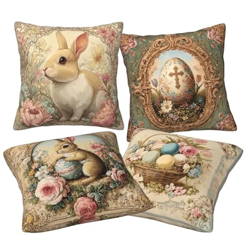 oyebn Easter Bunny Egg Vintage Throw Pillow Covers Set of 4 Decorative Soft Double Sided Print Pillow Case Farmhouse Home Decor for Living Room Sofa Couch 18x18 - Image 2