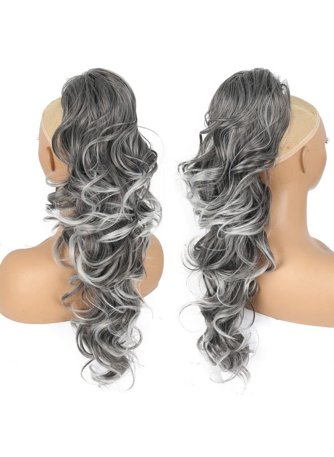 KRSI - 28 Inch High Ponytail Extension Long Wavy Drawstring Ponytail For Black Women Gray Ponytail Curly Hair Clip In Extensions Fake Ponytail Fake Hair Synthetic Pony Tails For Adults Women (Grey) - Image 1