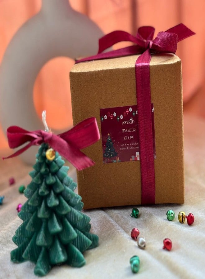 Astrid Christmas Tree Candle (Two Pieces) in Green Colour| Christmas Candle | 9.2cm *8.4 cm* 8.3 cm, Hand Poured | Decorative Scented Candle | 100% Soy Wax| Festive Gifting | (Floral) - Image 1