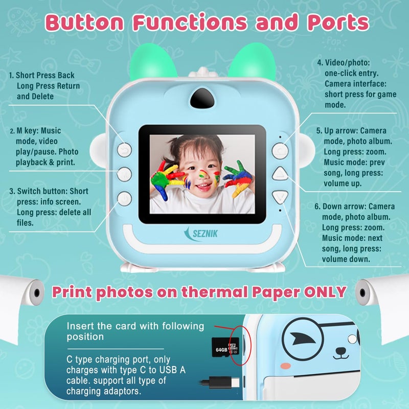SEZNIK Mini Camera Printer, Click Photo Print, Inkless Bluetooth HD Print | Compatible with Android, iOS Mobile. Instant Print Pictures, Labels | 1 Year Warranty by SEZNIK (Mini-B40-Blue) - Image 4