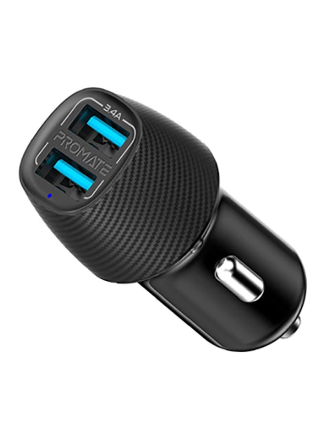 Universal Compact 3.4A Fast Charging Car Adapter with Smart Output Compatible and Short Circuit Protection For Smartphones, Tablet, All USB Enabled Devices, VolTrip-Duo Black
