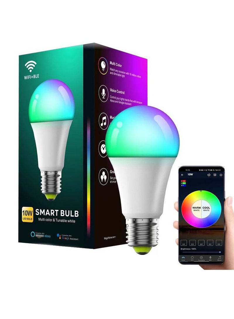 ULHYC Smart Wi-Fi Bluetooth 10W LED Bulb with 16 Million Colors Dimmable Light 8 Modes Power Saving Compatible with Google Assistant IFTTT for Home Use Everyday Lighting - Image 1