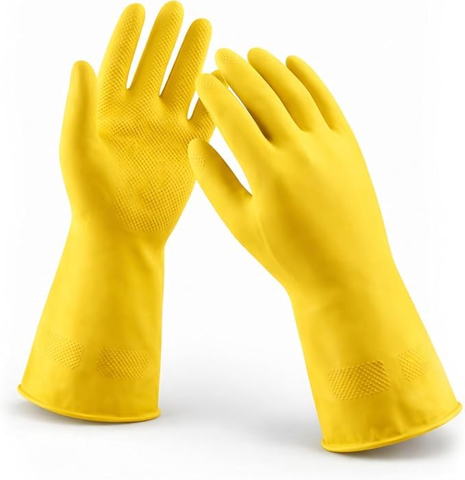 LADWA Premium Rubber Household Cleaning Gloves, Yellow and Red Color Reusable Waterproof Gloves for Kitchen Cleaning, Dishwashing, Gardening and Bathroom Use with Anti-Slip Grip (Pack of 1 Pair) - Image 1