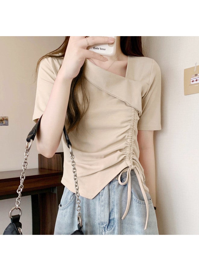 Caramella Irregular Drawstring Short-Sleeve T-Shirt For Women, Summer 2025, Unique Design, Niche Style, Pure Cotton Slimming V-Neck Top - Image 2