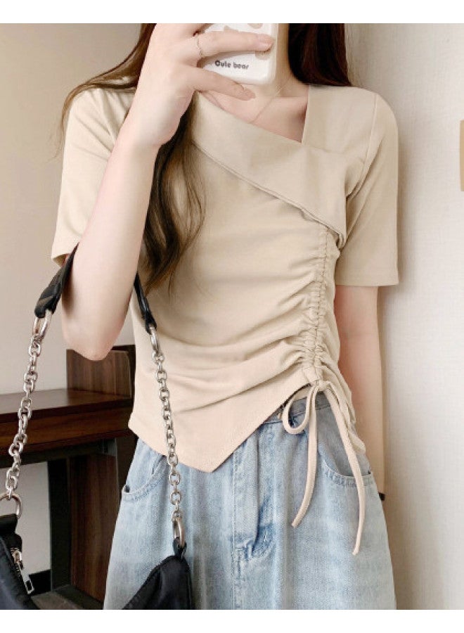 Caramella Irregular Drawstring Short-Sleeve T-Shirt For Women, Summer 2025, Unique Design, Niche Style, Pure Cotton Slimming V-Neck Top - Image 1