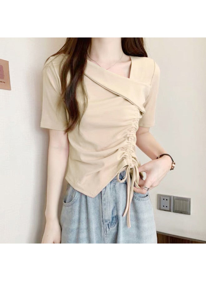 Caramella Irregular Drawstring Short-Sleeve T-Shirt For Women, Summer 2025, Unique Design, Niche Style, Pure Cotton Slimming V-Neck Top - Image 3