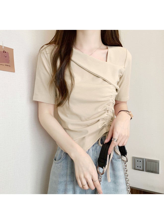 Caramella Irregular Drawstring Short-Sleeve T-Shirt For Women, Summer 2025, Unique Design, Niche Style, Pure Cotton Slimming V-Neck Top - Image 5