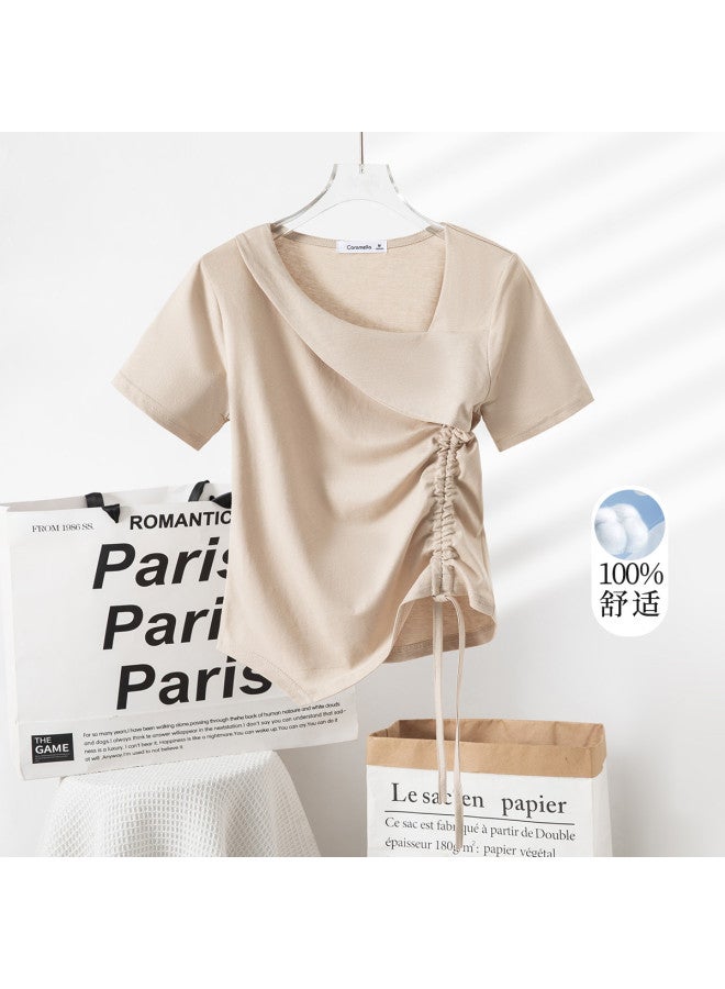 Caramella Irregular Drawstring Short-Sleeve T-Shirt For Women, Summer 2025, Unique Design, Niche Style, Pure Cotton Slimming V-Neck Top - Image 4