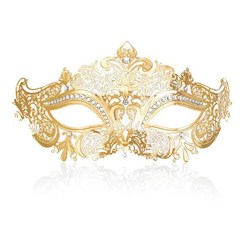 Cosmer Masquerade Mask for Women Shiny Laser Cut Metal Rhinestone Mask Party Porm Ball Mask (Gold Owl) - Image 1