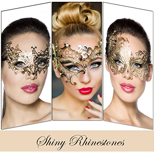 Cosmer Masquerade Mask for Women Shiny Laser Cut Metal Rhinestone Mask Party Porm Ball Mask (Gold Owl) - Image 4