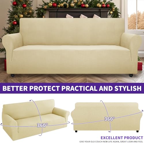ZNSAYOTX Super Stretch Couch Cover (72"-92") Universal Sofa Covers with Elastic Bottom, Dog Cat Pets Friendly Washable Furniture Protector Fitted Sofa Slipcovers Stay in Place (Beige, Sofa) - Image 2