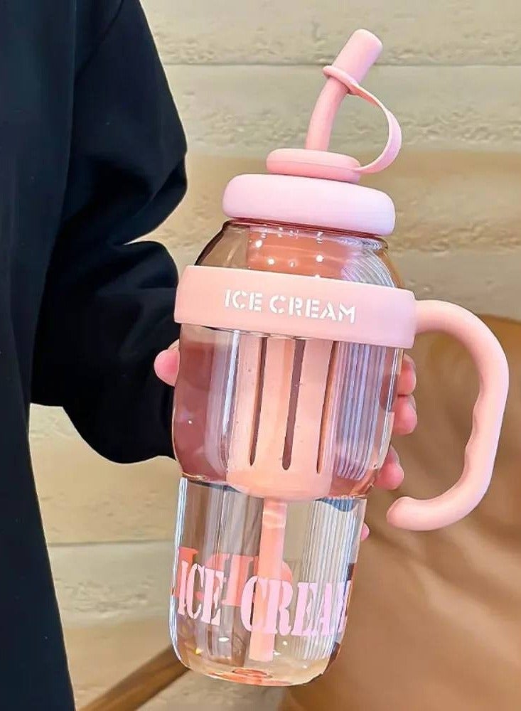 ارواق زجاجة مياه بلاستيكية سعة كبيرة 1300 مل، كوب بلاستيكي لطيف محمول للأطفال مانع للتسرب مع كوب ماء رياضي من القش - Image 1