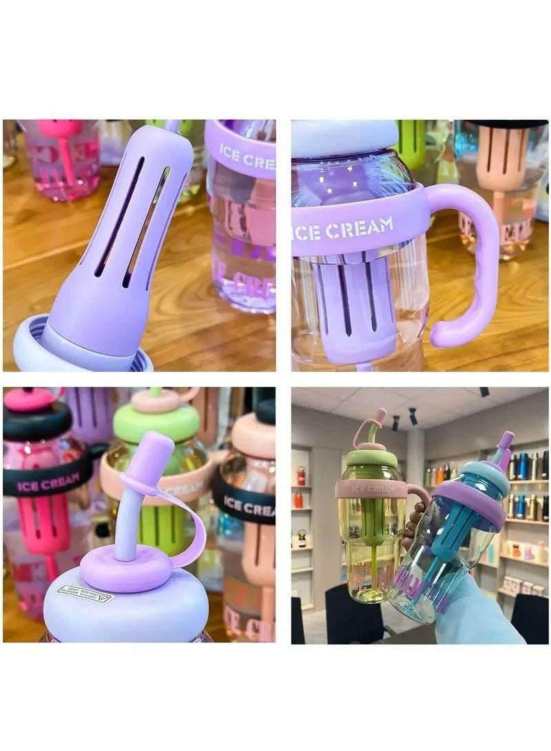 ارواق زجاجة مياه بلاستيكية سعة كبيرة 1300 مل، كوب بلاستيكي لطيف محمول للأطفال مانع للتسرب مع كوب ماء رياضي من القش - Image 3