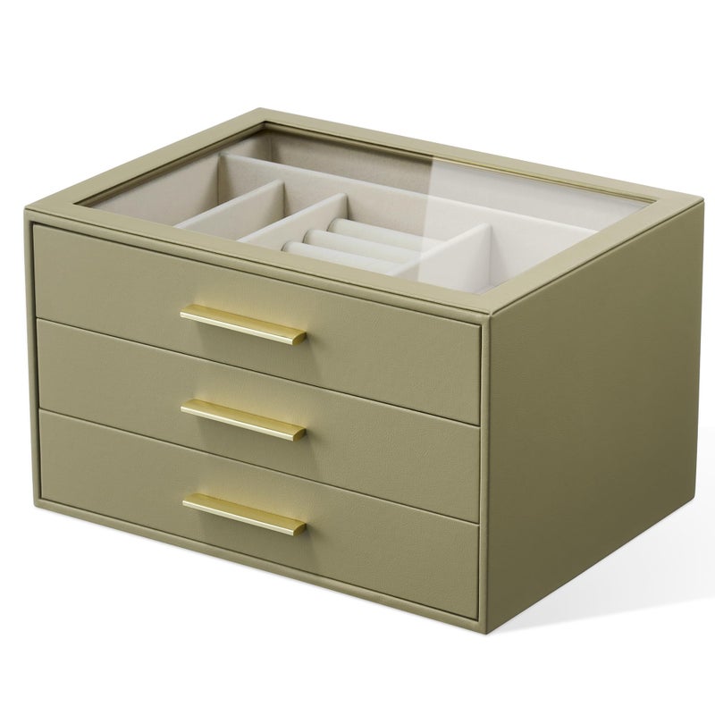 pickpiff Jewelry Box Organizer Case for Women: 3-Layer Jewelry Storage Case with Glass Window, Olive Green Leather with Cream Velvet, Holder for Ring Necklace Bracelet Brooch Watch, Great Gift for Her - Image 1