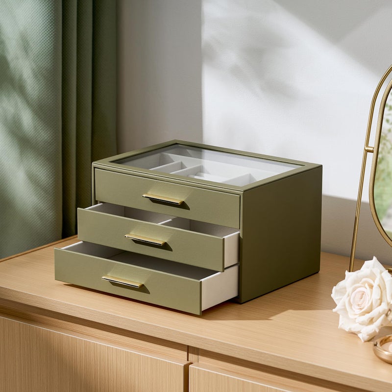 pickpiff Jewelry Box Organizer Case for Women: 3-Layer Jewelry Storage Case with Glass Window, Olive Green Leather with Cream Velvet, Holder for Ring Necklace Bracelet Brooch Watch, Great Gift for Her - Image 5