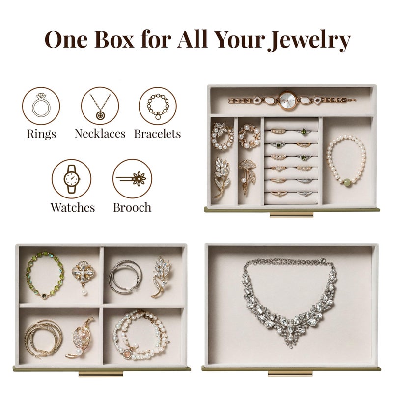 pickpiff Jewelry Box Organizer Case for Women: 3-Layer Jewelry Storage Case with Glass Window, Olive Green Leather with Cream Velvet, Holder for Ring Necklace Bracelet Brooch Watch, Great Gift for Her - Image 2