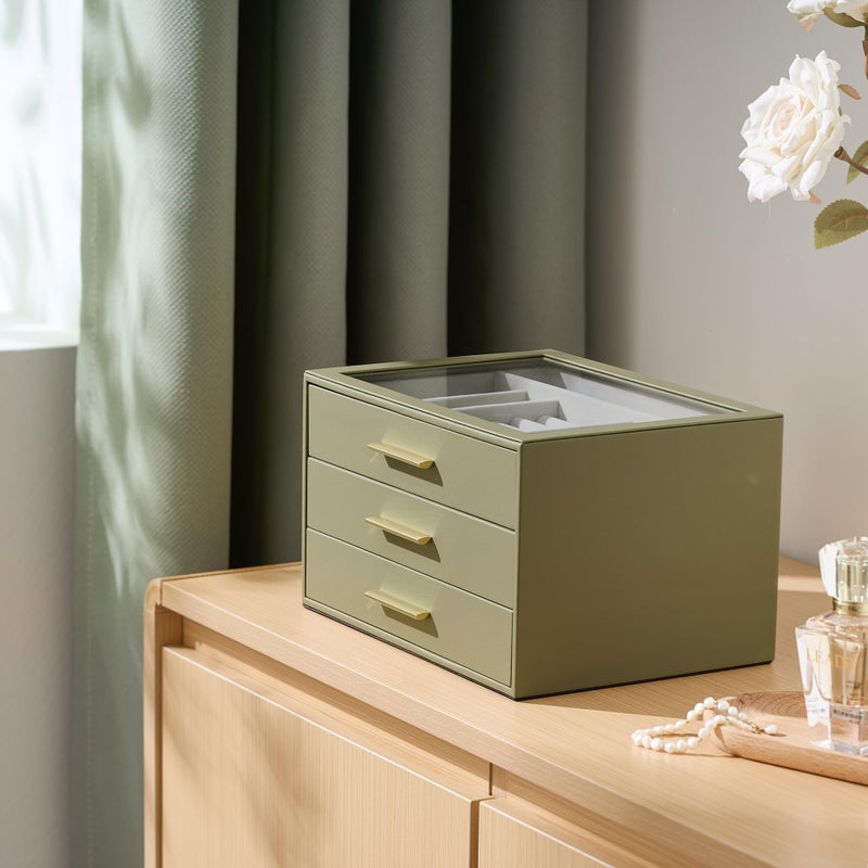 pickpiff Jewelry Box Organizer Case for Women: 3-Layer Jewelry Storage Case with Glass Window, Olive Green Leather with Cream Velvet, Holder for Ring Necklace Bracelet Brooch Watch, Great Gift for Her - Image 3