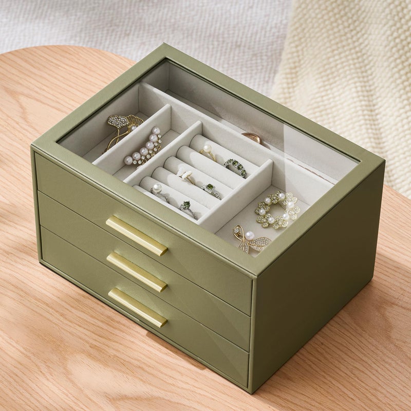 pickpiff Jewelry Box Organizer Case for Women: 3-Layer Jewelry Storage Case with Glass Window, Olive Green Leather with Cream Velvet, Holder for Ring Necklace Bracelet Brooch Watch, Great Gift for Her - Image 4