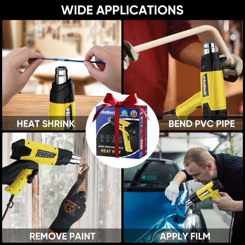 ROMECH 1500W Heavy Duty Heat Gun, Variable Temperature Control Hot Air Gun Kit with 2 Air Flow 120Â°F~1200Â°F and 4 Nozzles for Crafts Shrink Wrap (Yellow) - Image 5