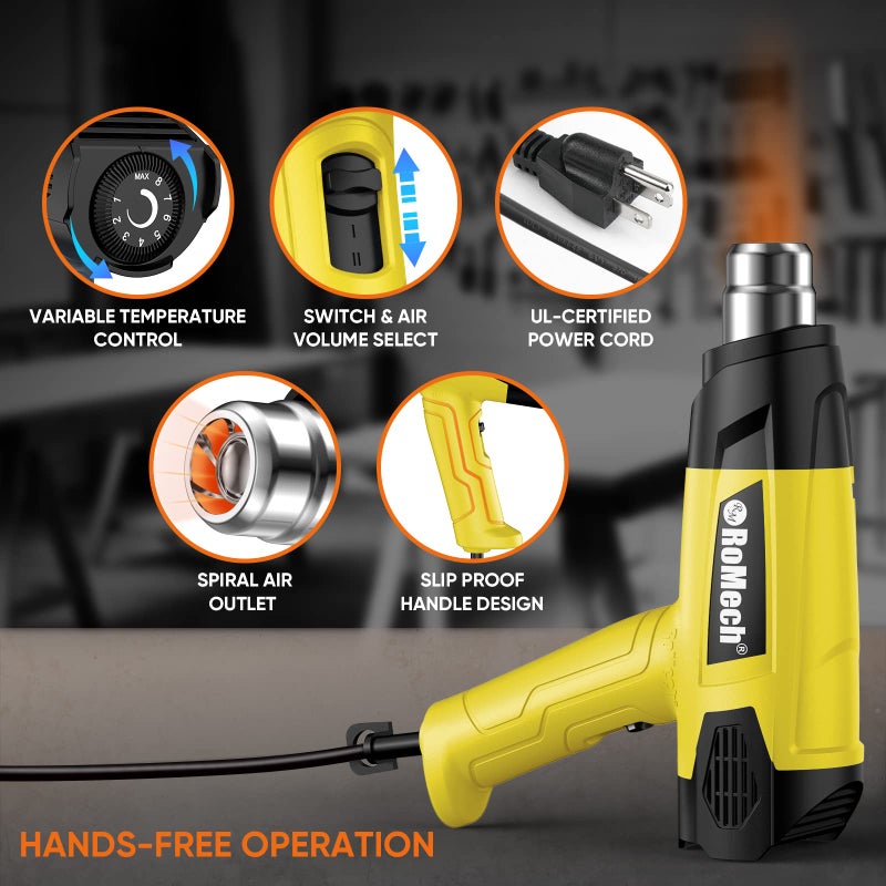 ROMECH 1500W Heavy Duty Heat Gun, Variable Temperature Control Hot Air Gun Kit with 2 Air Flow 120Â°F~1200Â°F and 4 Nozzles for Crafts Shrink Wrap (Yellow) - Image 4