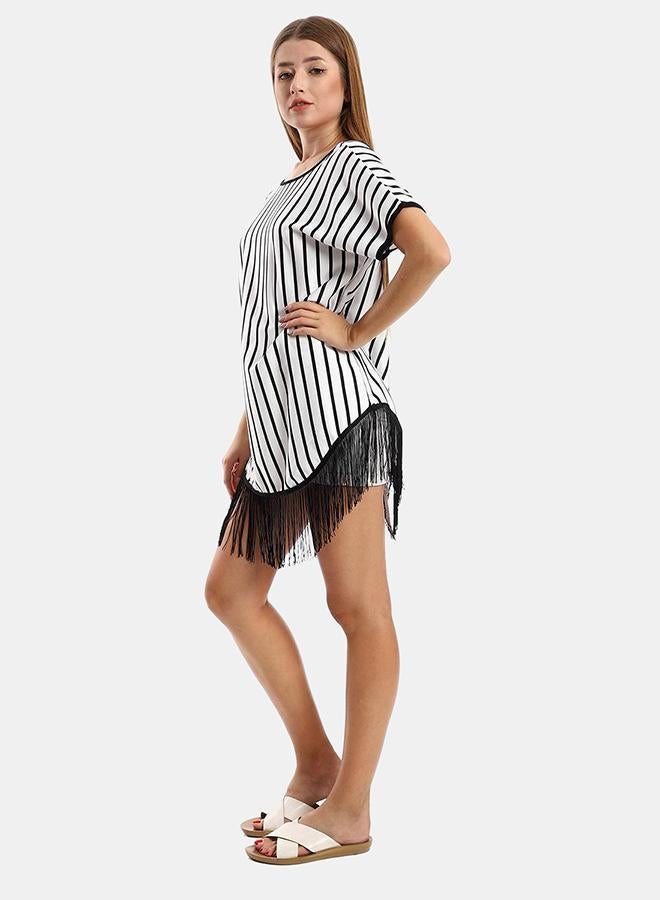 kady Jamila women deep open back striped tunic with decorated fringes ,white*black-xxl - Image 2